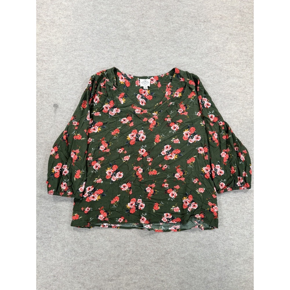 St Johns Bay Womens XXL Floral Blouse Top Multicolor V-Neck Pleated Back 3/4 Slv